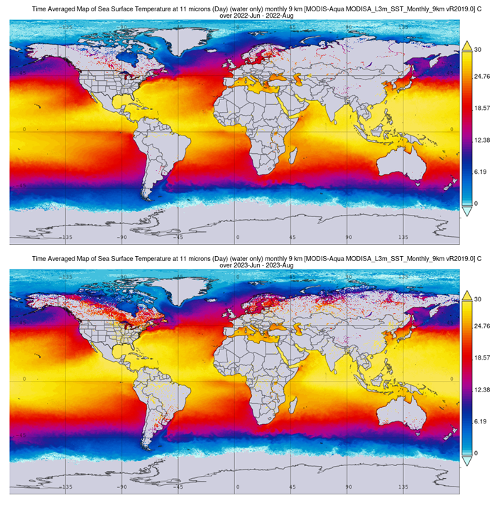 GES DISC Data in Action: Comparing Sea Surface Temperatures in  June-July-August 2022 to June-July-August 2023